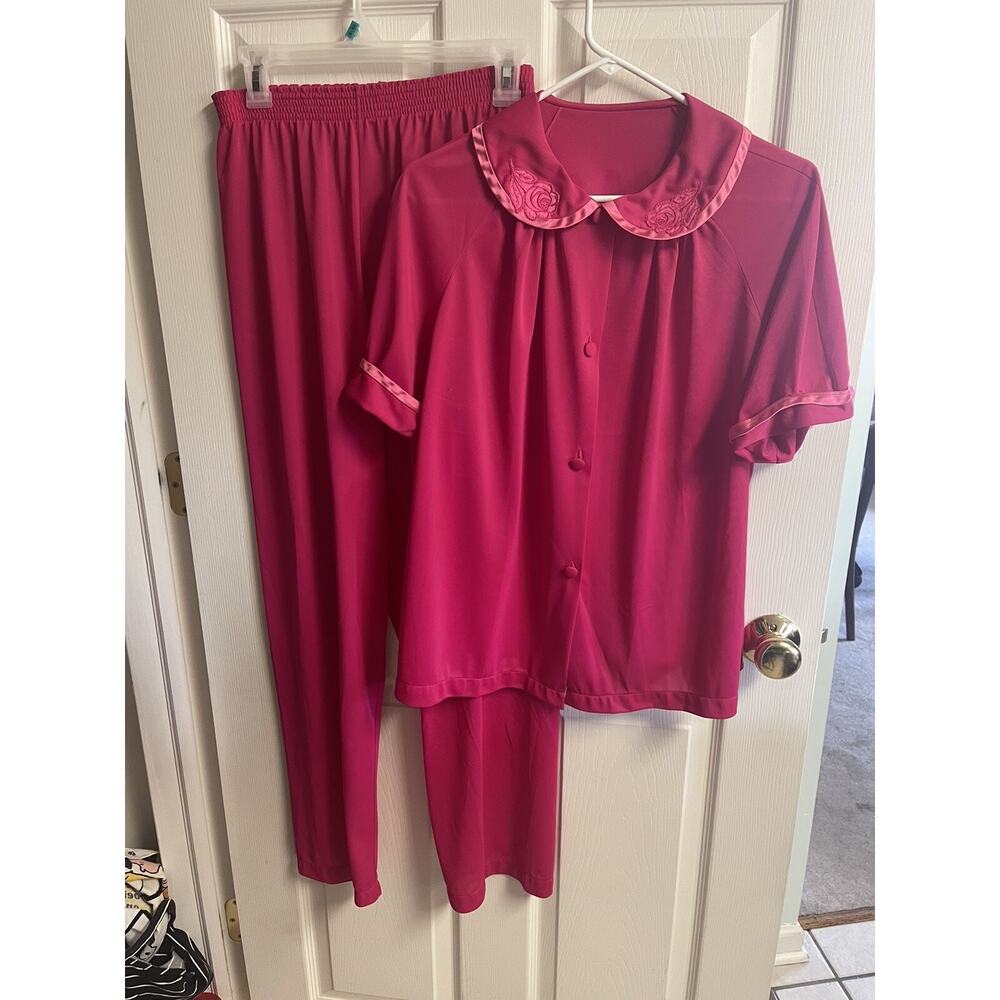 VNT Silky Women’s Hot Pink 2-Piece PJ Pajama Set Pants Shirt Med 70s 80s Mod
